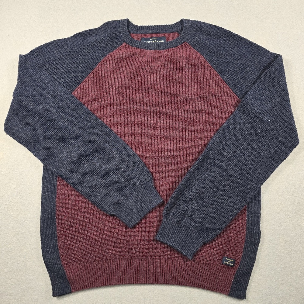 Lucky Brand Mens M Burgundy Navy Sweater Raglan Waffle Knit Colorblock Pullover